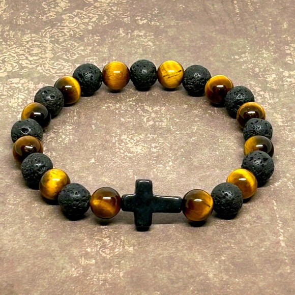 Handmade Men’s Cross Beaded Bracelet with Natural Tiger Eye & Lava Stone… - Picture 3 of 4